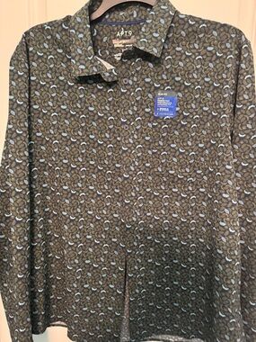 Apt. 9 Olive and Light Blue Leaf Print Button-Up Shirt NET